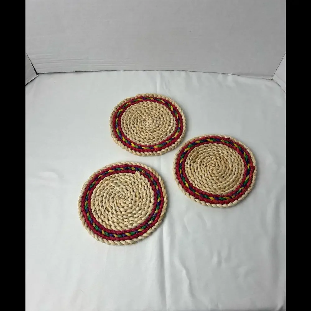 Vintage Lot Of 3 Woven Rattan Wicker Round‎ Circle Hot Pads
